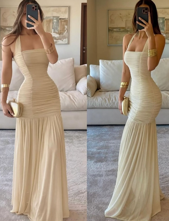 Sexy Halter Apricot Chiffon Pleated Mermaid Party Dress Long Wedding Guest Dress - FashionDia