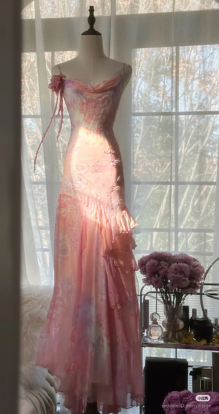 Glamorous Pink Chiffon Print Floral Beaded Evening Dress,Long Mermaid Prom Party Gown - FashionDia