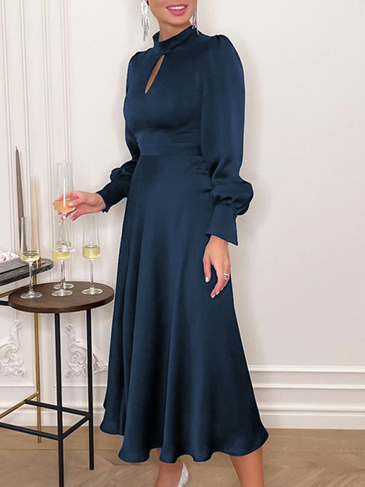 Elegant Simeple Prom Dress With Long Sleeves Split Evening Dress Women's Plain Puff Sleeve O-Neck Long Dress - View 3 | FashionDia