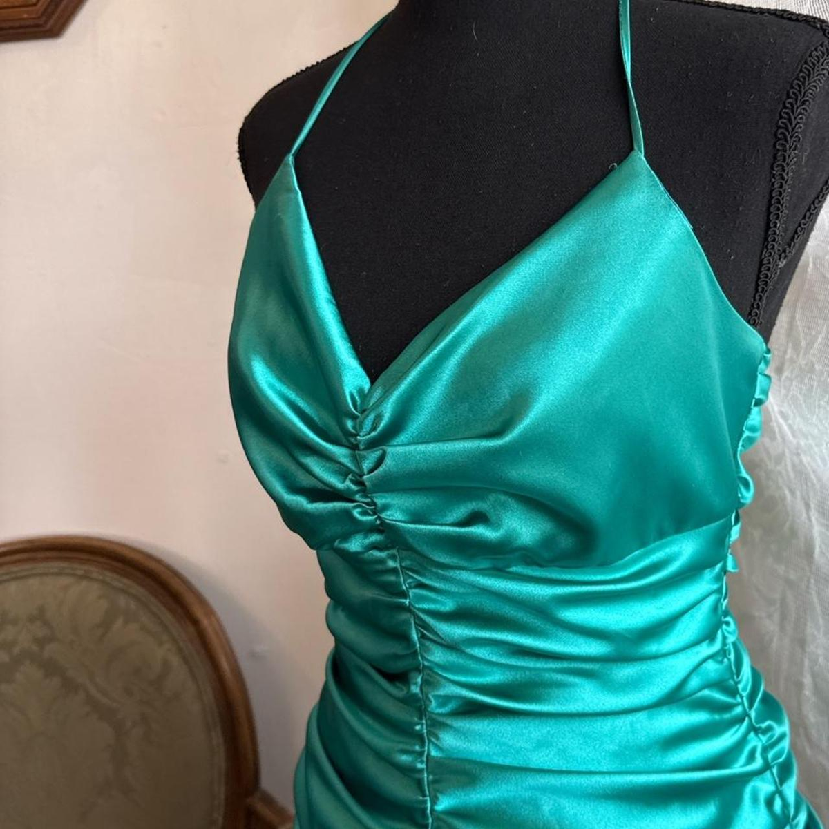 Elegant Halter Green V-Neck Satin Pleated Ruffled Mini Party Dress Formal 7th Grade Homecoming Dress - View 2 | FashionDia