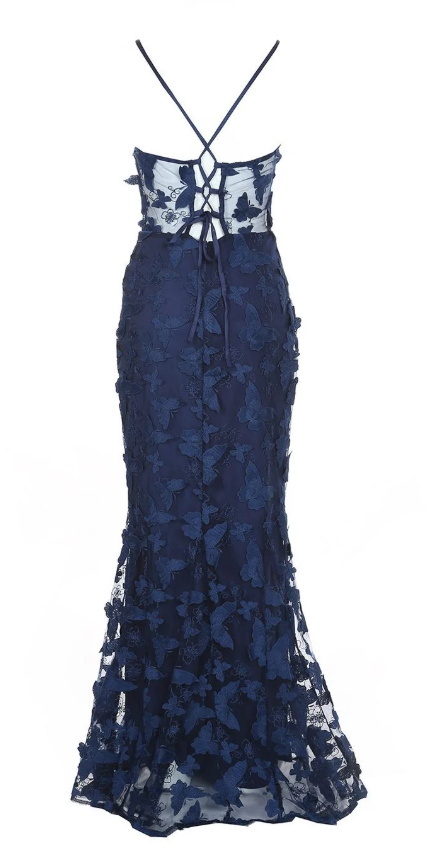 Vintage Mermaid Navy Blue lace Appliques Birthday Party Dress Prom Evening Dress - View 4 | FashionDia