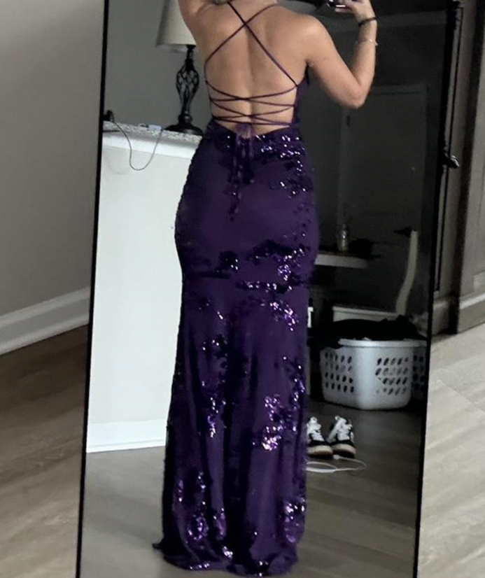 Sexy V Neck Purple Satin Sequin Backless Mermaid Evening Dress Long Party Dress