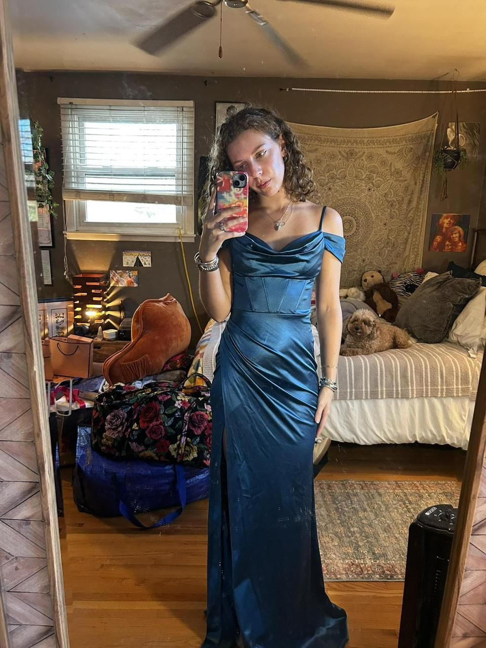 Elegant Spaghetti Straps Blue Satin Pleated Mermaid Evening Dress Long Wedding Guest Dress - FashionDia