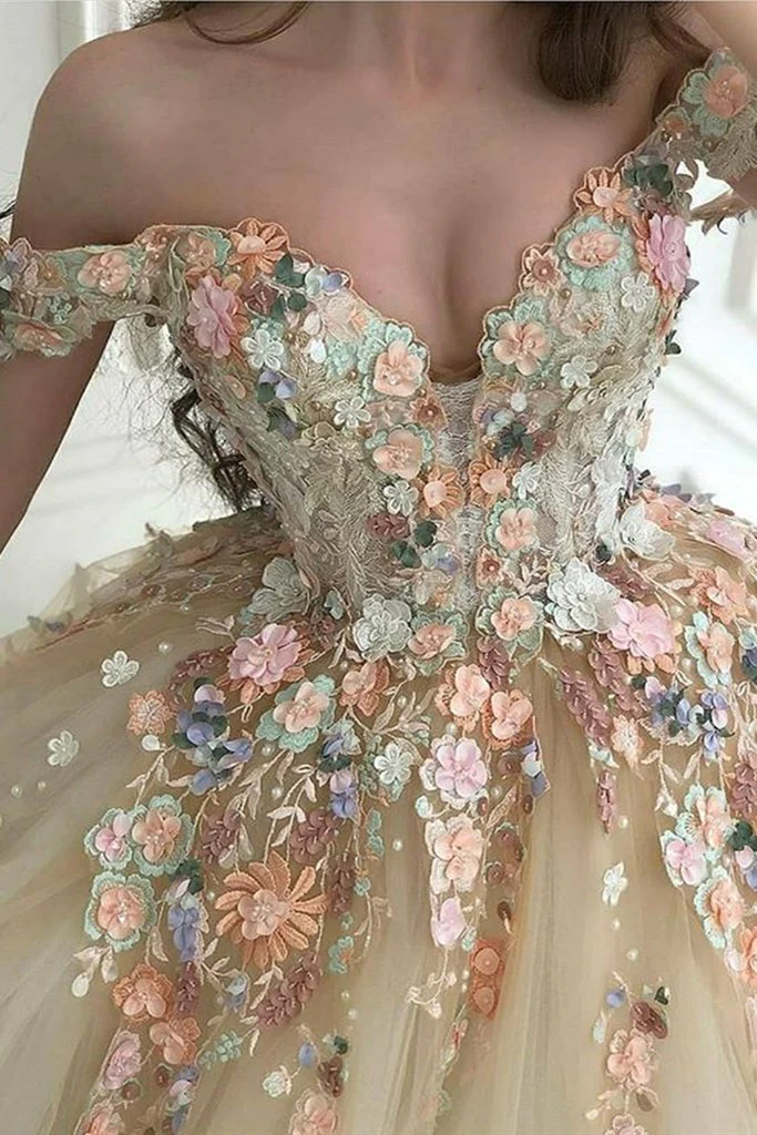 Gorgeous Off-the-Shoulder Champagne Lace Floral Prom Dress, Long 3D Flower Champagne Formal Evening Dress, Champagne Ball Gown - FashionDia