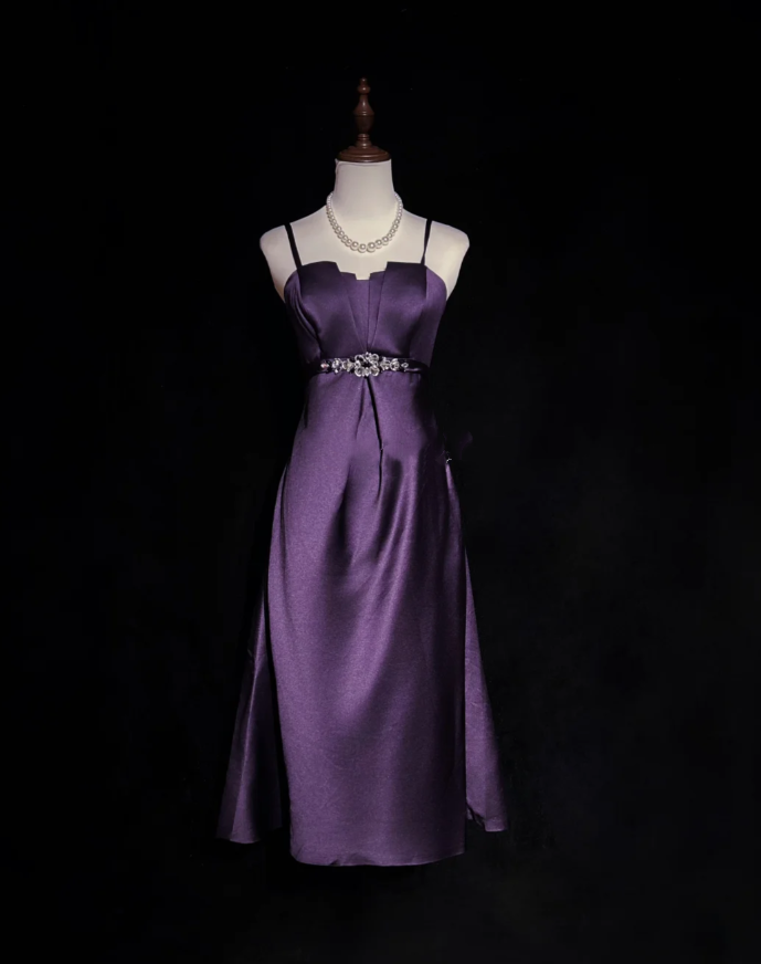 Fashion Spaghetti Straps Purple Satin Beaded A-Line Short Birthday Outfits Homecoming Dress - FashionDia