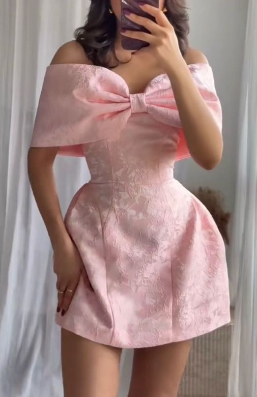 Cute Bow Off-the-Shoulder Pink Satin Print Floral A-Line Formal Homecoming Dress Birthday Outfits - FashionDia