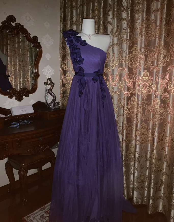 Elegant Purple One-Shoulder Tulle Appliques A-Line Wedding Guest Dress Long Party Dress - View 6 | FashionDia