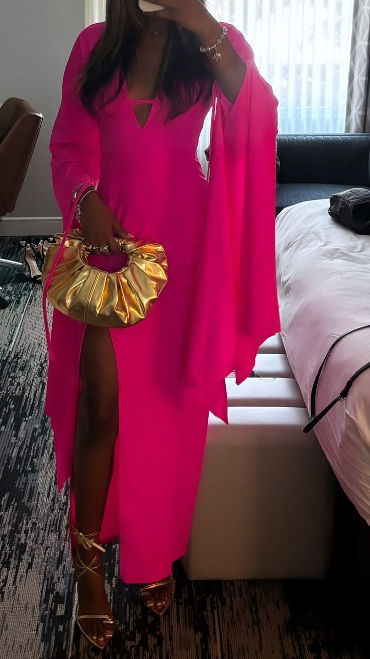 Chic Hot Pink V Neck Long Prom Dress Sexy Slit Party Dress