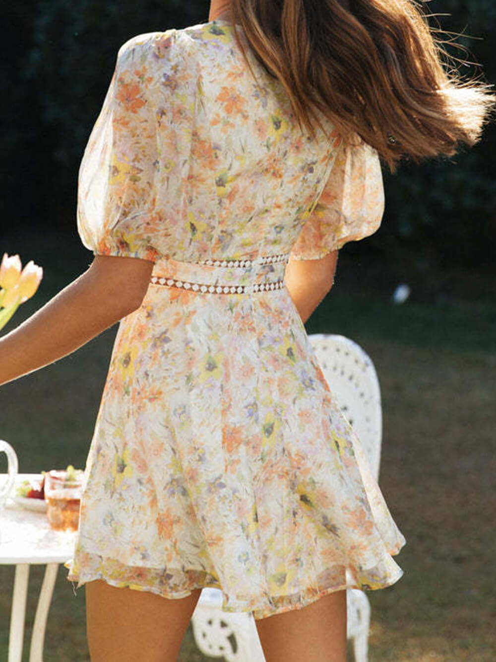 Chiffon Printed V - Neck Puff Sleeve Mini Dress