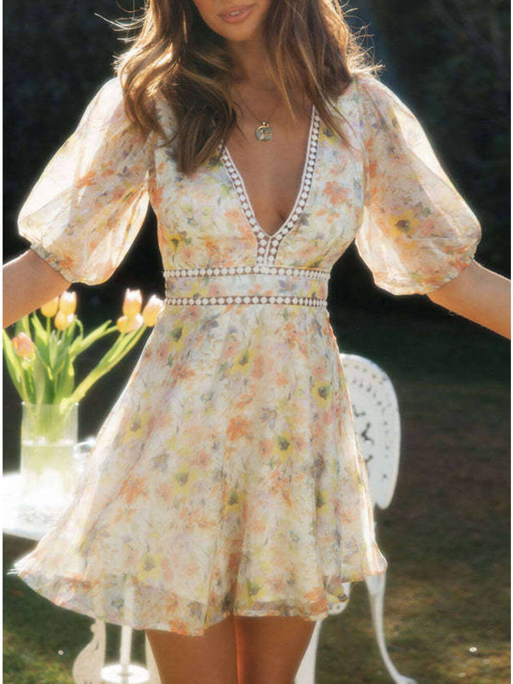 Chiffon Printed V - Neck Puff Sleeve Mini Dress
