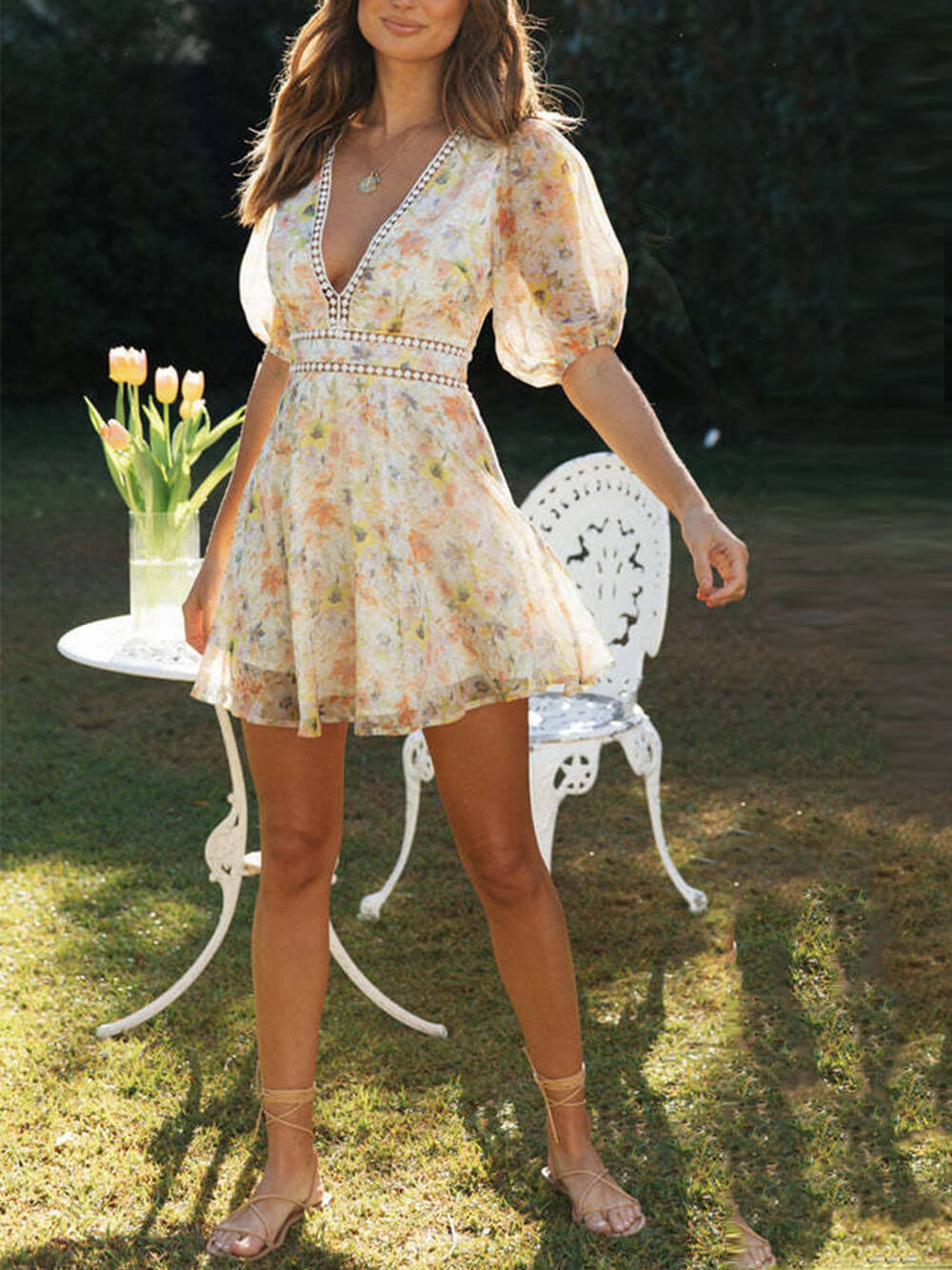 Chiffon Printed V - Neck Puff Sleeve Mini Dress