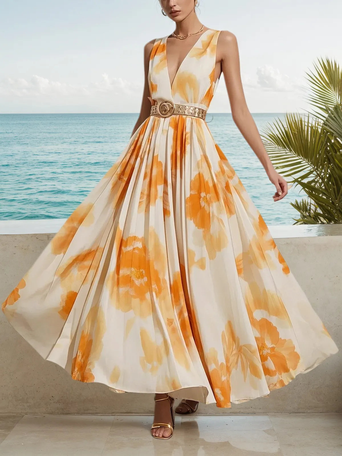Yellow Chiffon V Neck Sleeveless A-Line Maxi Dress