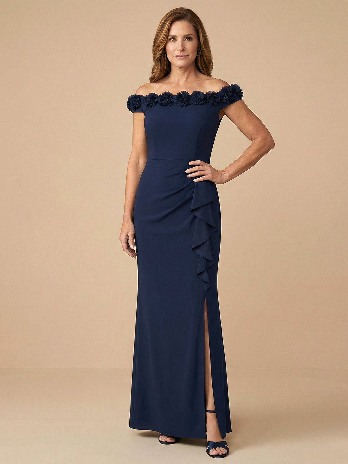 Off-the-Shoulder 3D Flower Mermaid Satin Mother of the Bride Dress with Ruffle - FashionDia