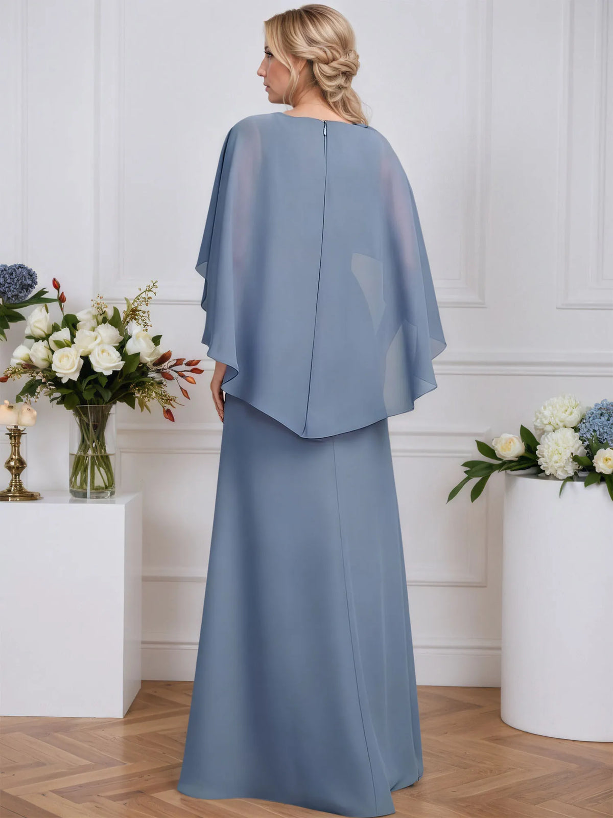 A-line V-Neck Floor-Length Lace Chiffon Mother of the Bride Dress With 3D Floral Sequins Cascading Ruffles - View 2 | FashionDia