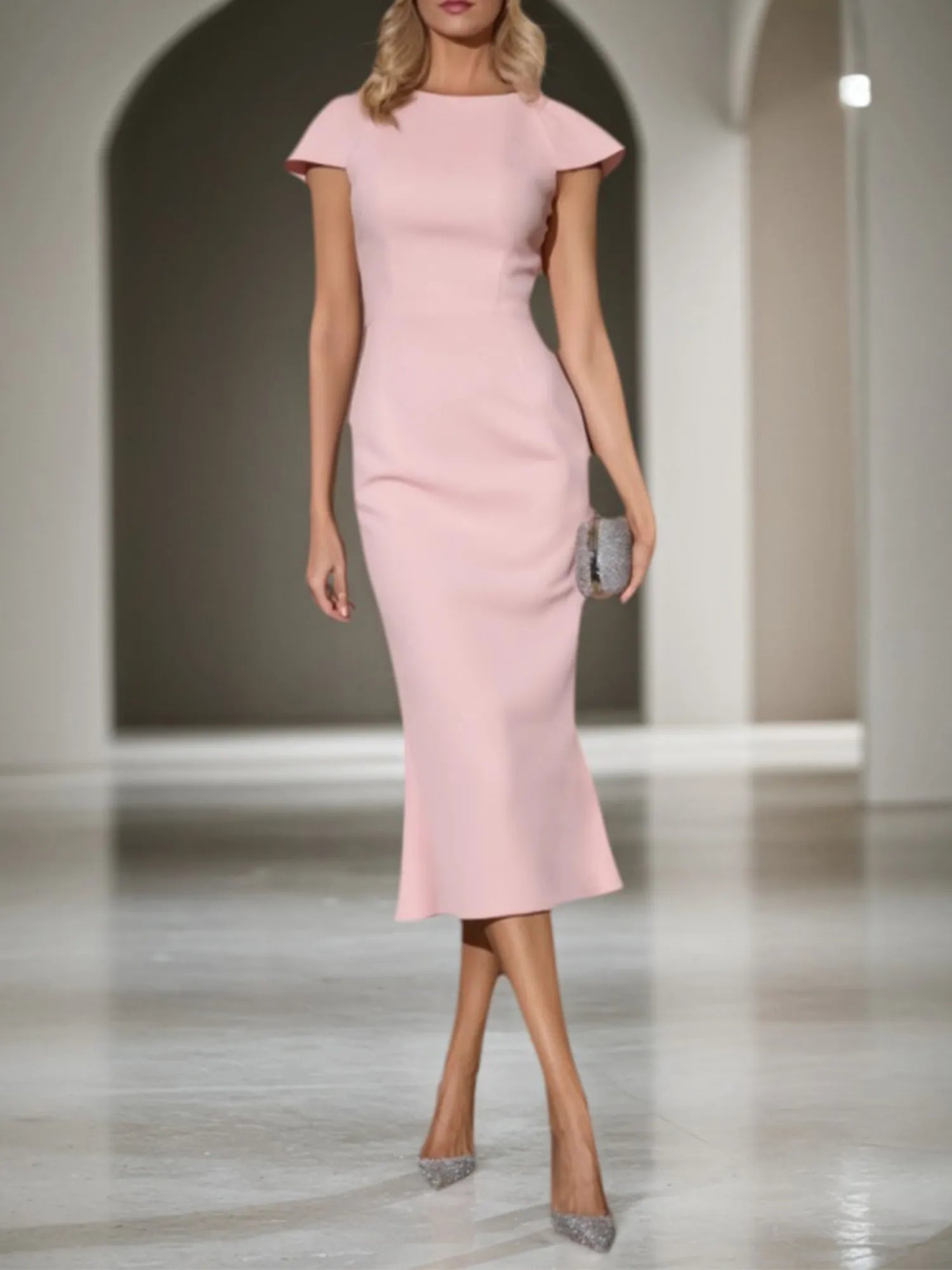 Fall Wedding Guest Dress Pink Crew Neck Midi Mermaid Sheath Dress - VelvetHem