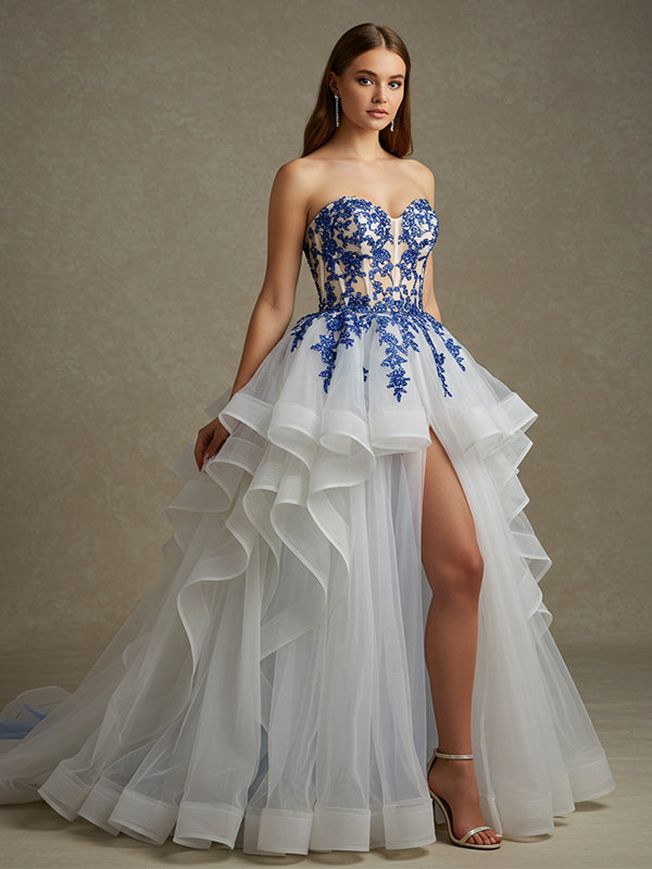Ball-Gown/Princess V-Neck Off-the-Shoulder Sweep Train Tulle Prom Dress - FashionDia