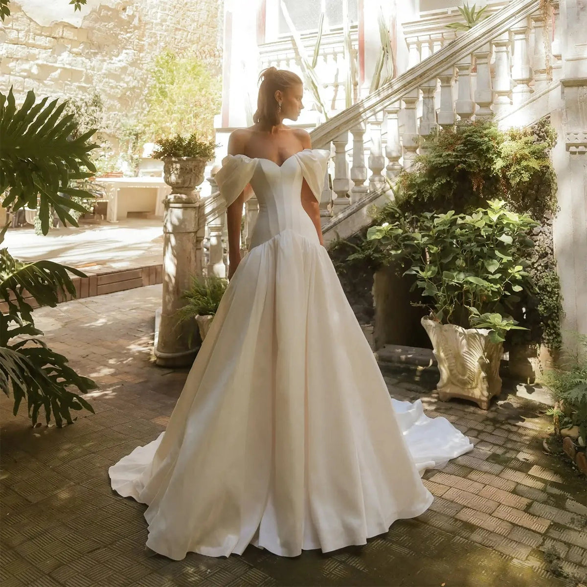 Romantic White Satin Off-the-Shoulder Puff Sleeve Ball Gown Wedding Dress ZP113 - VelvetHem