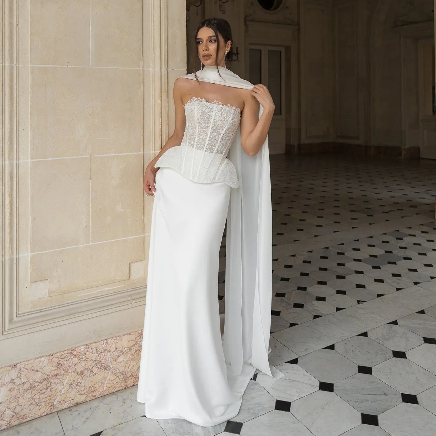 Strapless Lace Corset Wedding Dresses with Scarf ZP024