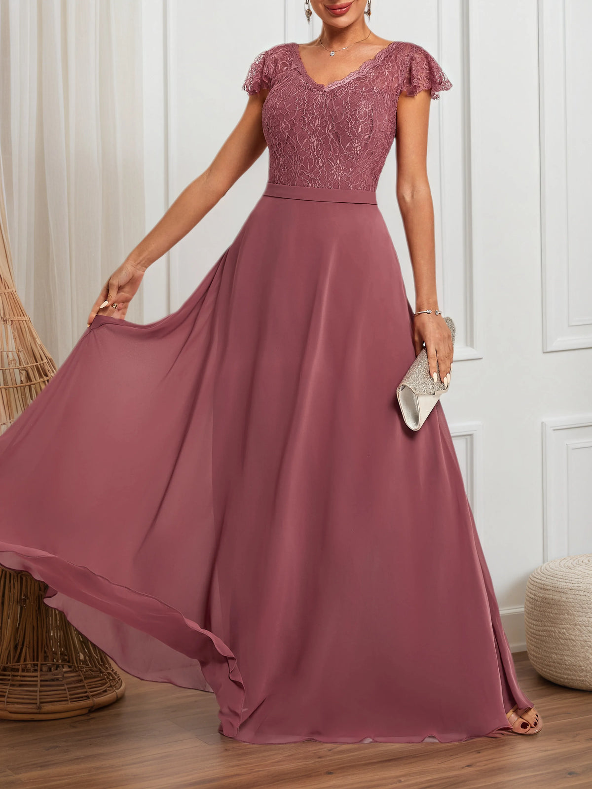 Watermelon Red Lace V-Neck Short Sleeve A-Line Maxi Dress - View 3 | FashionDia