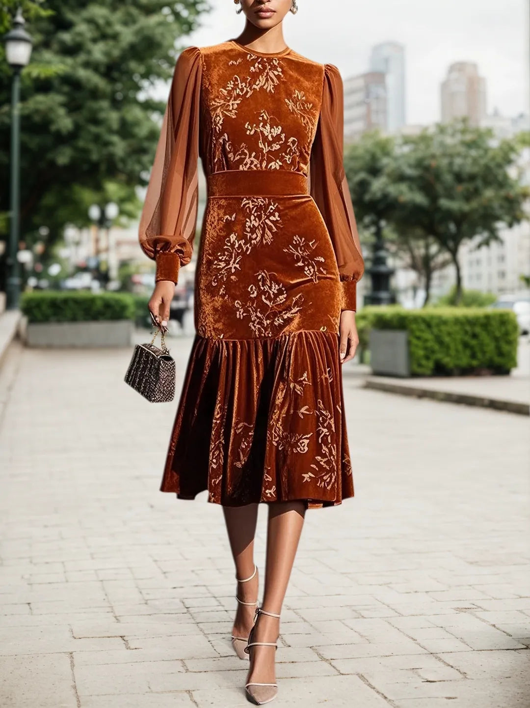 Caramel Mesh Velvet Crew Neck Long Sleeve Balloon Sleeve Mermaid Midi Dress - FashionDia