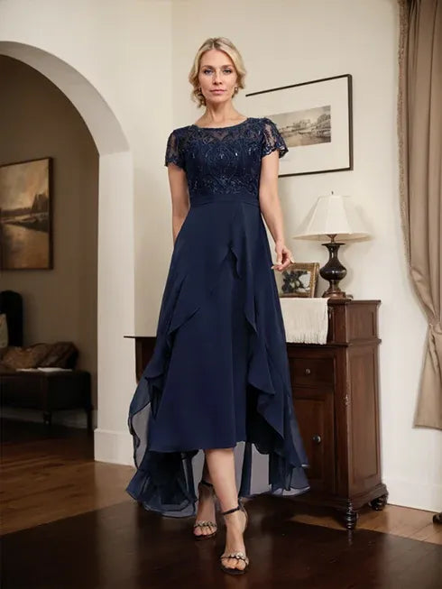 A-line Scoop Illusion Asymmetrical Chiffon Lace Mother of the Bride Dress With Bow Ruffle Sequins - VelvetHem