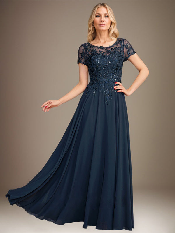 A-Line Scoop Floor-Length Chiffon Mother of the Bride Dress With Applique & Sequins - VelvetHem