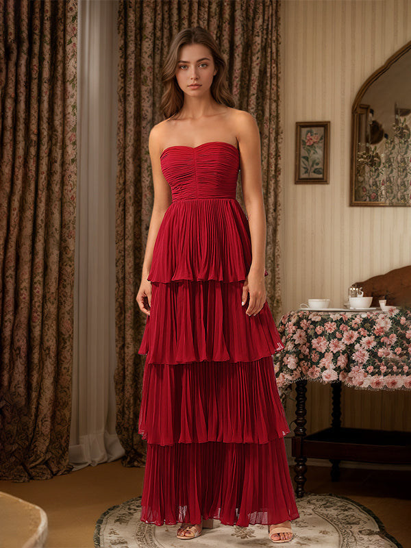 Burgundy A-Line Sweetheart Floor-Length Tiered Chiffon Bridesmaid Dress - FashionDia