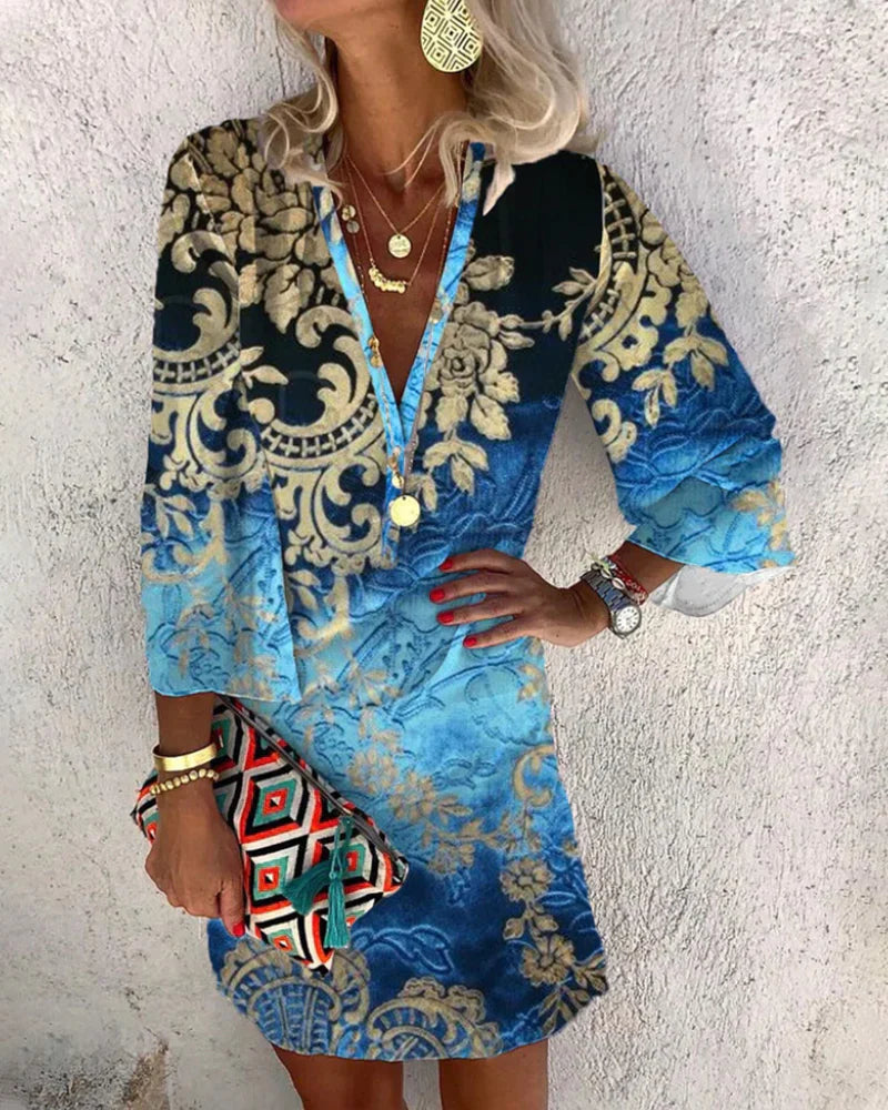 Alejandra Aesthetic Long Sleeved Dress with Boho Print Premium Wardrobe Essential