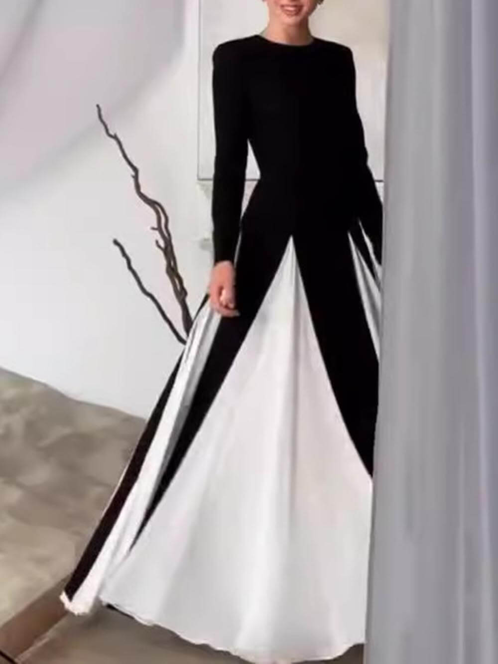 Glam Elegant Panelled Tulle Long Sleeve A - line Maxi Dress