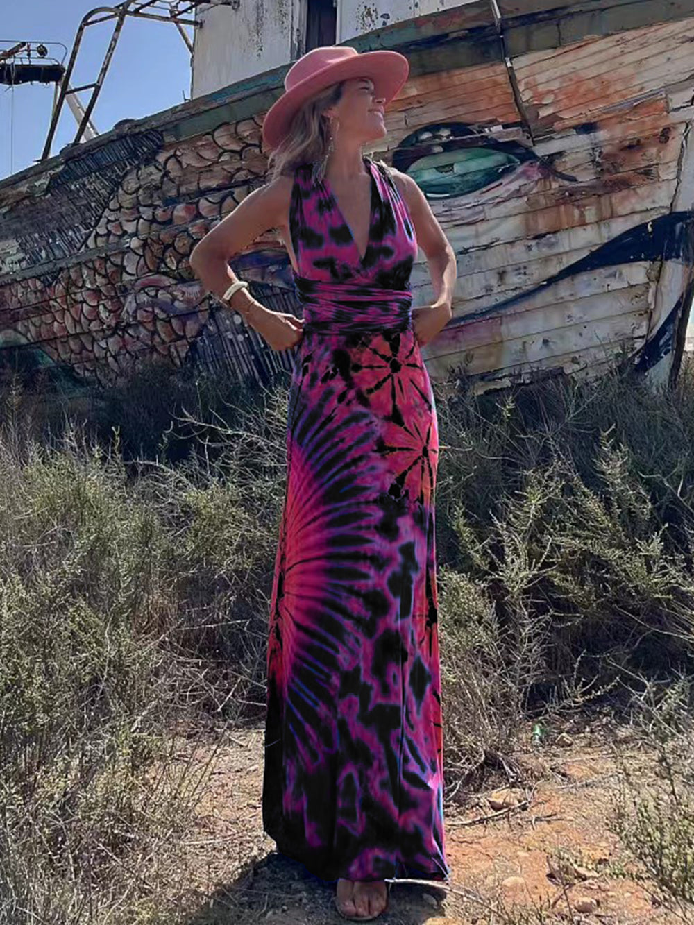 Tie dye Print V neck Cross Back Straps Stretch Maxi Dress