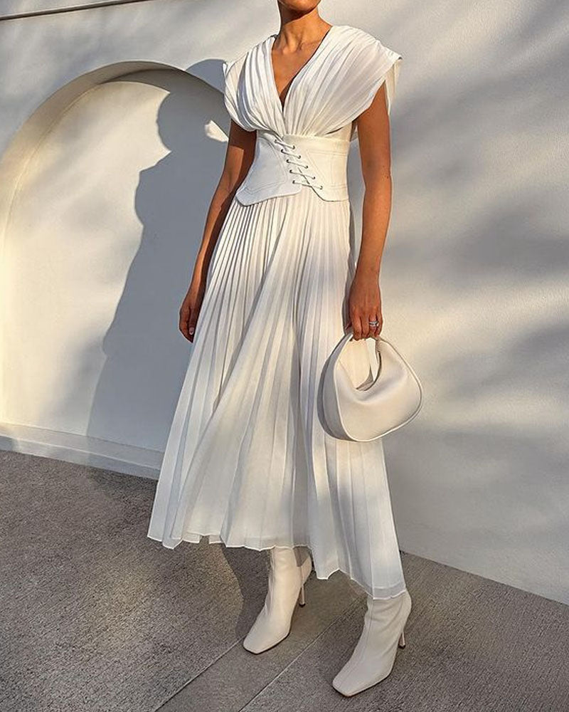 Fashion Solid Color V-neck Crimp Waist Dress - Fashionpara