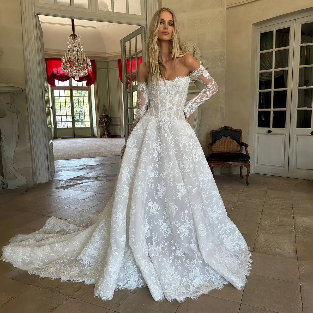 Regal White Off-the-Shoulder Long Sleeve Lace Ball Gown Wedding Dress ZP087
