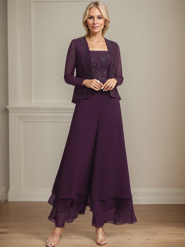 Separates Jumpsuit/Pantsuit Square Ankle-Length Lace Chiffon Mother of the Bride Dress With Sequins - FashionDia