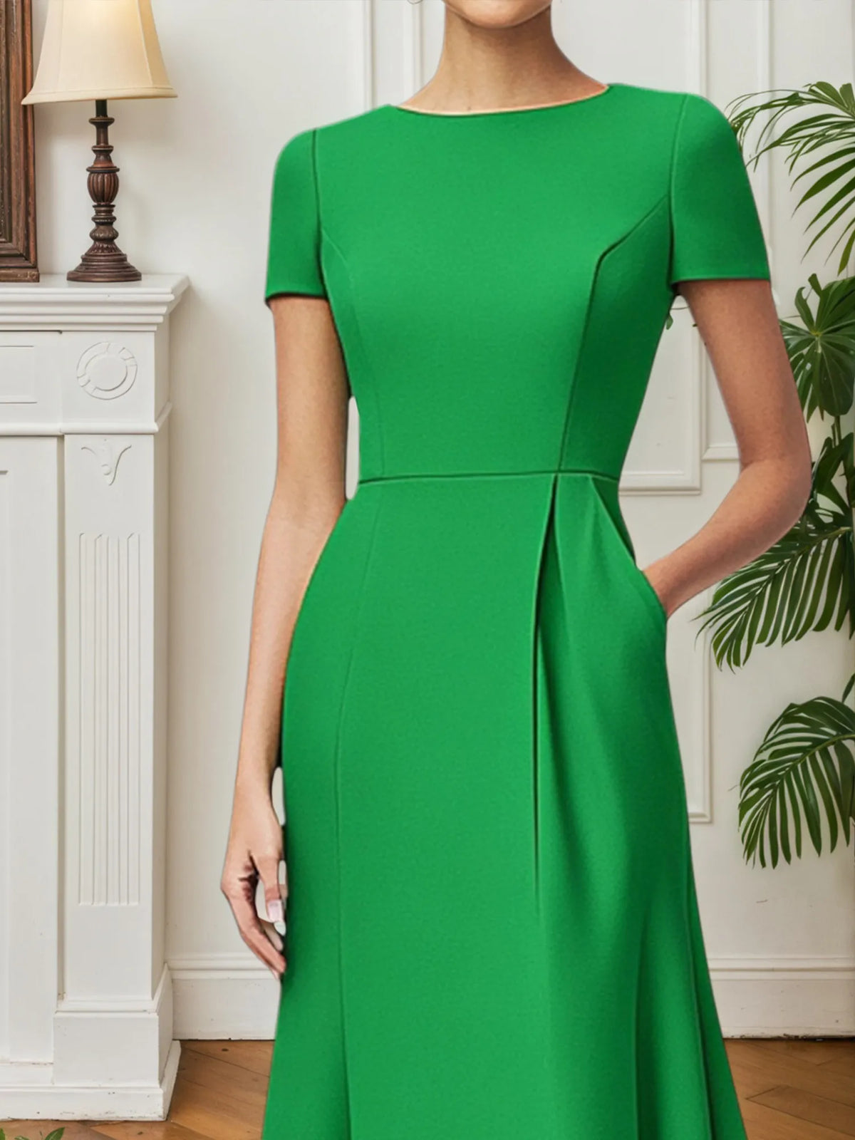 Party Cocktial Dress Green A-Line With Pockets Midi Dress - View 2 | FashionDia