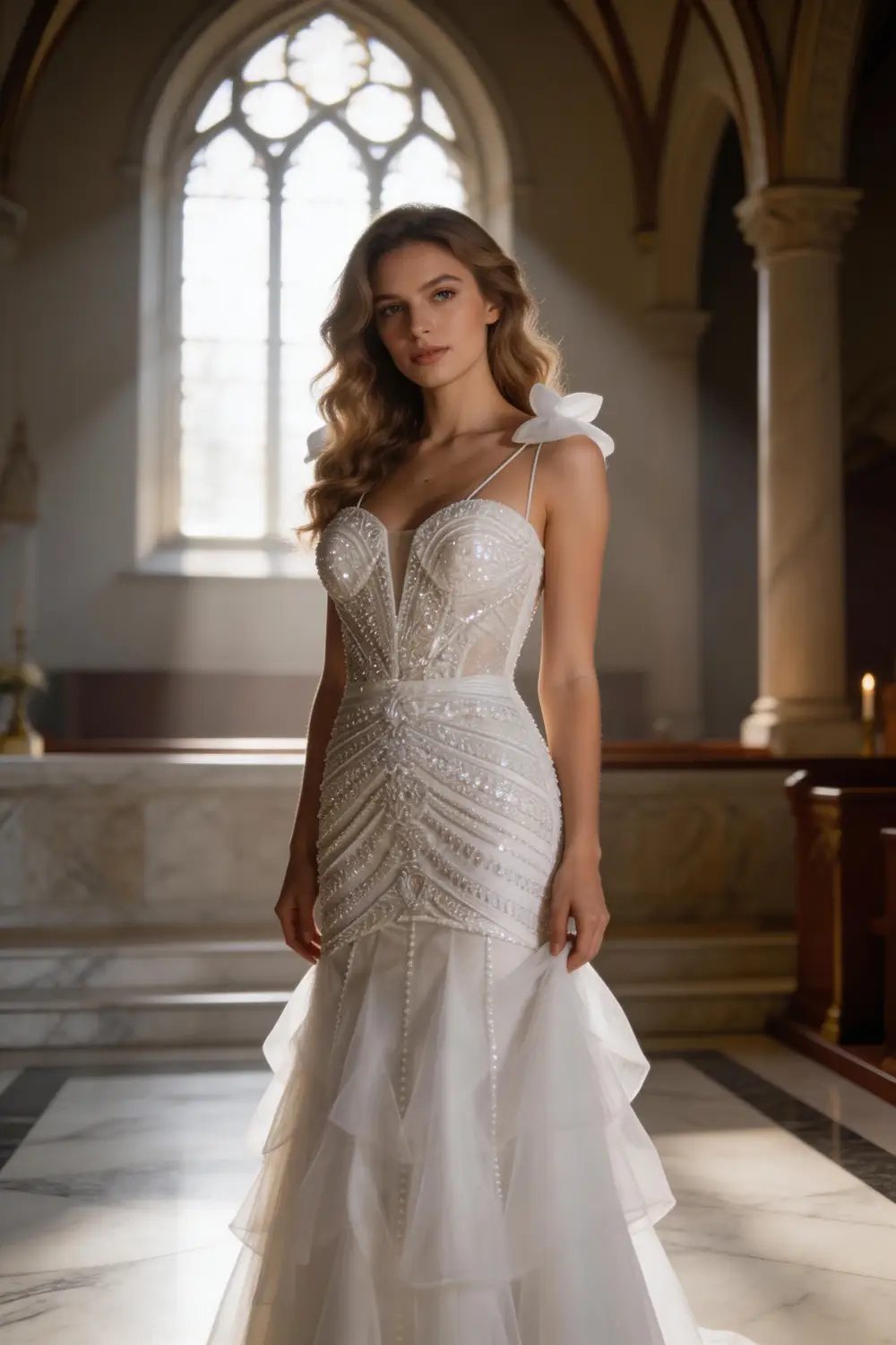 White Beaded Mermaid Wedding Dress With Deep V Neck And Ruffle Skirt (ZD17130)