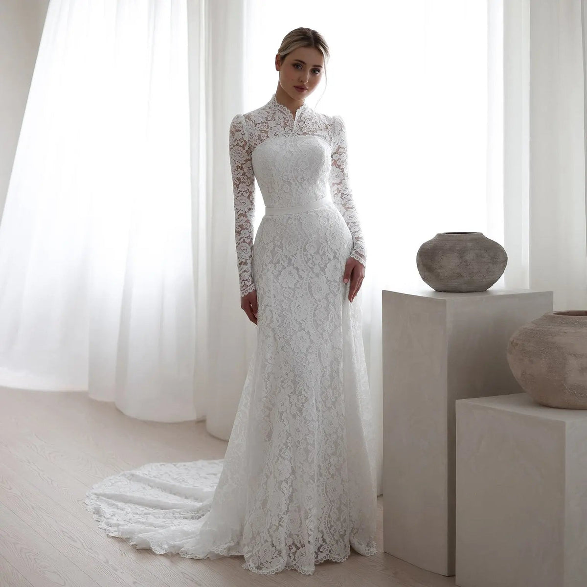 Elegant Floral Long Sleeve Mermaid Wedding Dress ZP176