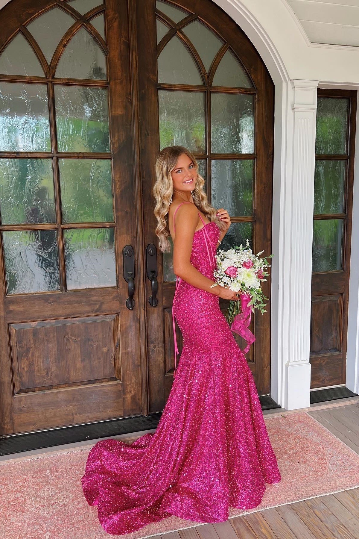 Shiny Light Blue Mermaid Spaghetti Straps Long Beaded Prom Dress