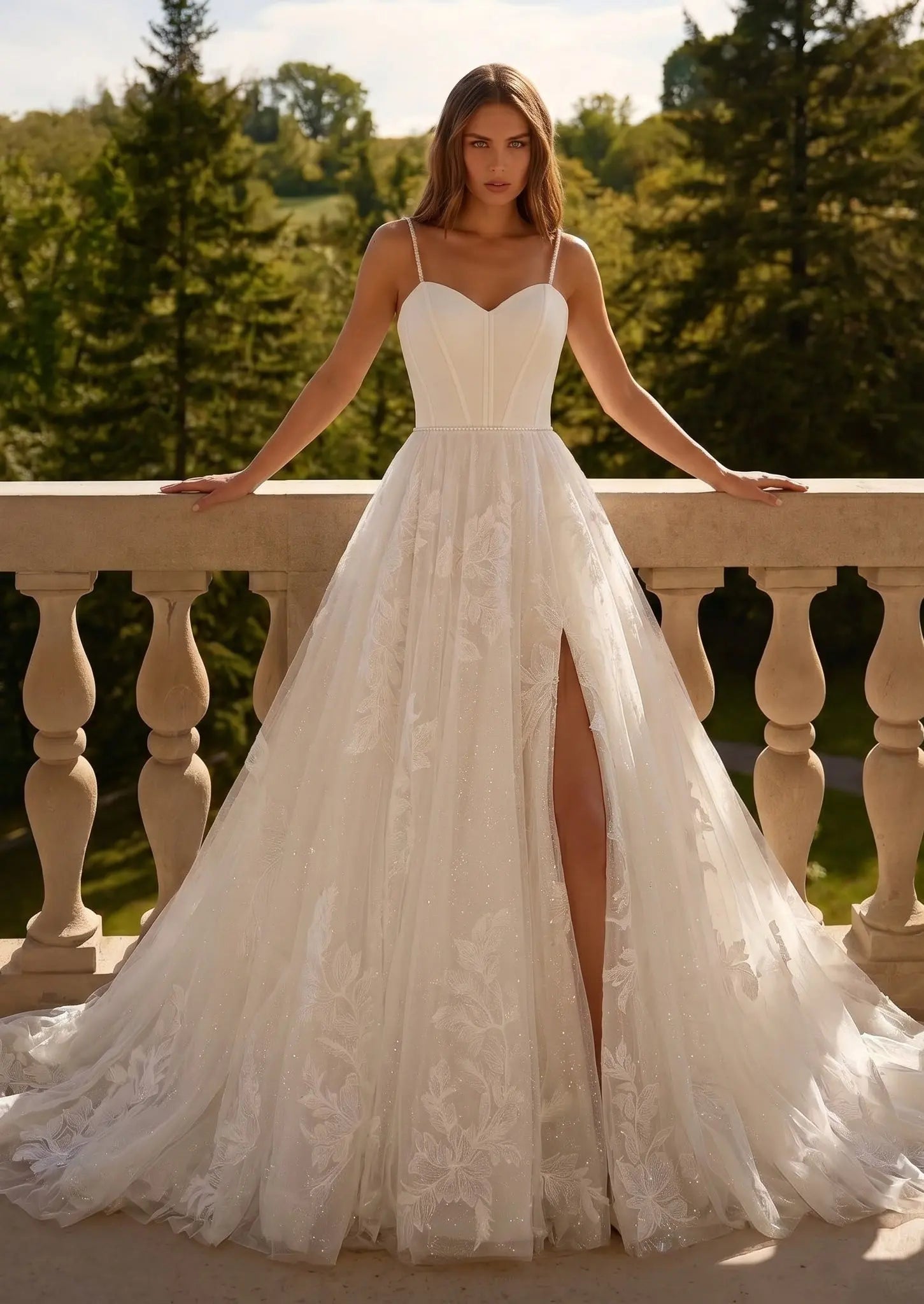 Elegant White Spaghetti Strap Satin Bodice Lace Tulle Wedding Dress with Train ZP065