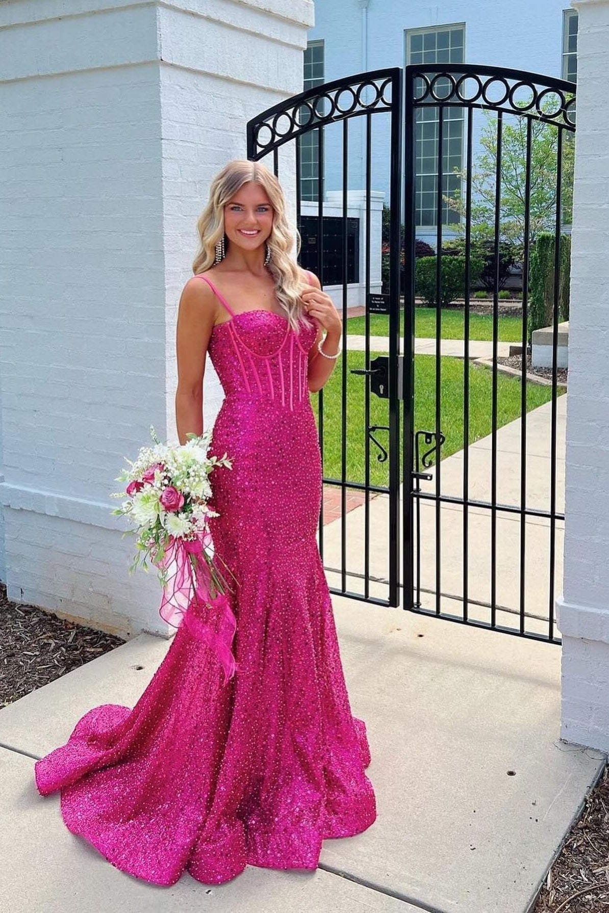 Shiny Light Blue Mermaid Spaghetti Straps Long Beaded Prom Dress