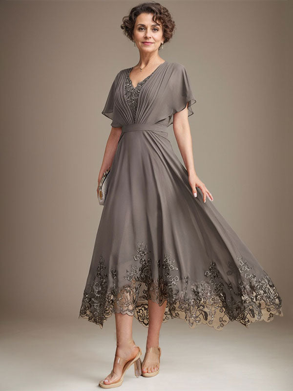 A-line V-Neck Asymmetrical Lace Chiffon Mother of the Bride Dress With Pleated - View 3 | FashionDia