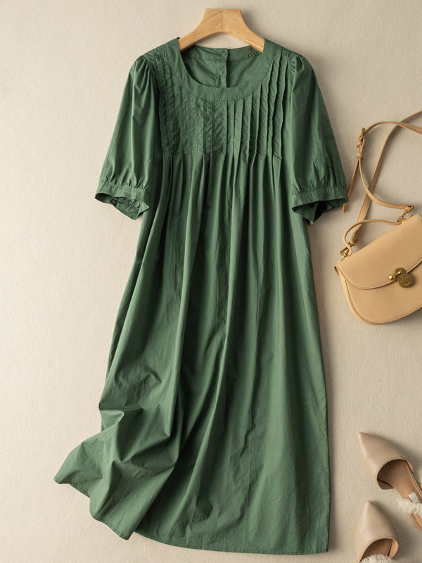 Women's Casual Round Neck Pleated Dress Short Sleeve - Omychic