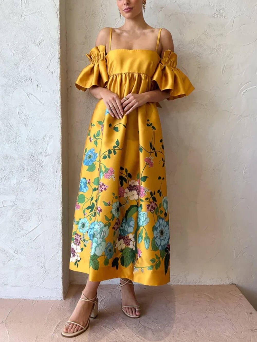 Fiora Exclusive Dress with Marigold Flower Sleeves Premium Wardrobe Essential
