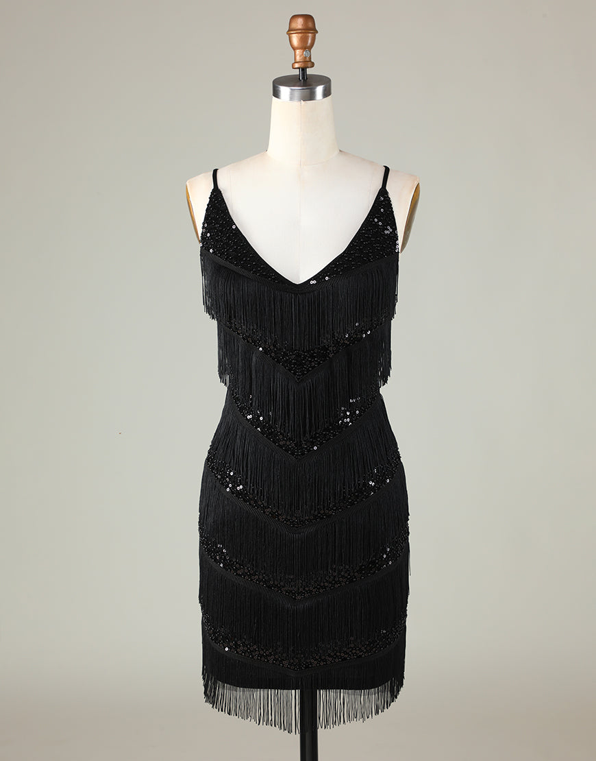 Gorgeous Black V-Neck Tight Tassel Homecoming Dress