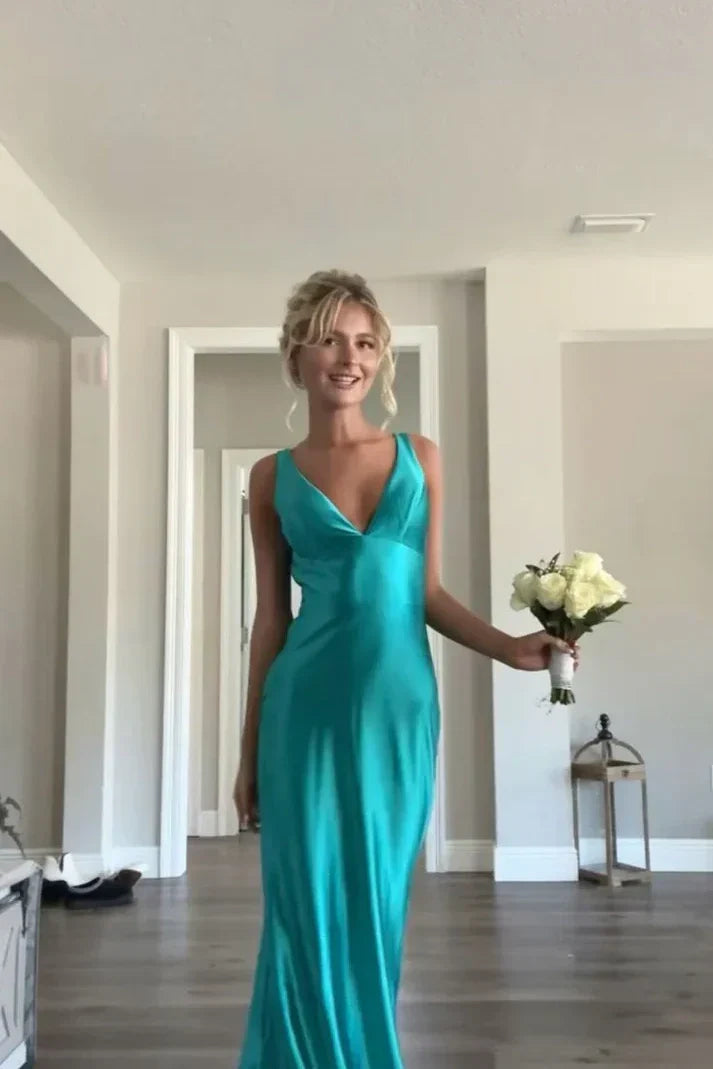 Simple Mermaid V Neck Green Long Prom Dress with Open Back