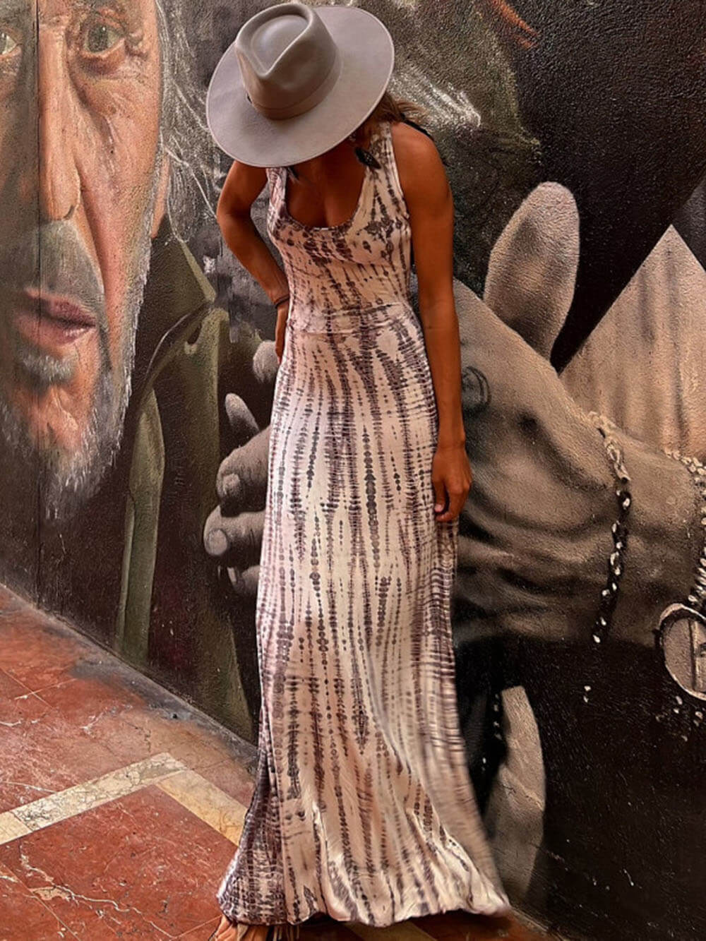 Tie - dye Print Back Lace - up Stretch Maxi Dress