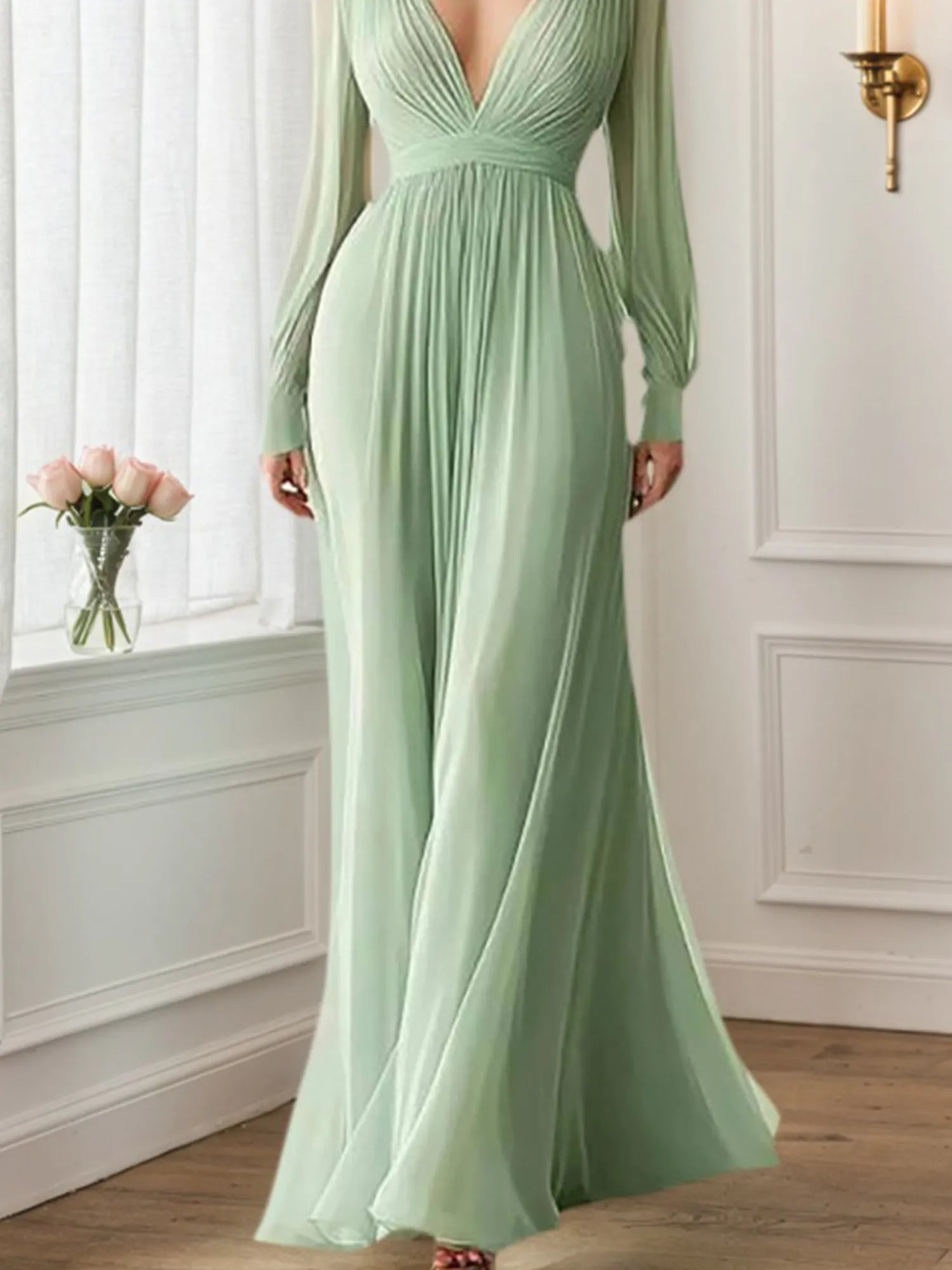 Formal Evening V-Neck Dress Green Long Sleeve Maxi Dress - View 3 | FashionDia