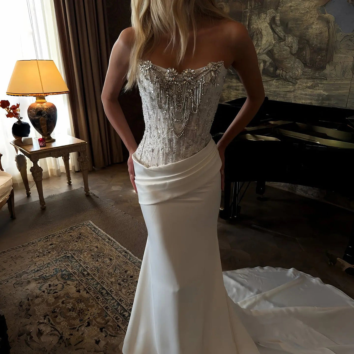 Luxury White Strapless Beaded Fringe Bodice Satin Mermaid Wedding Dress ZP091