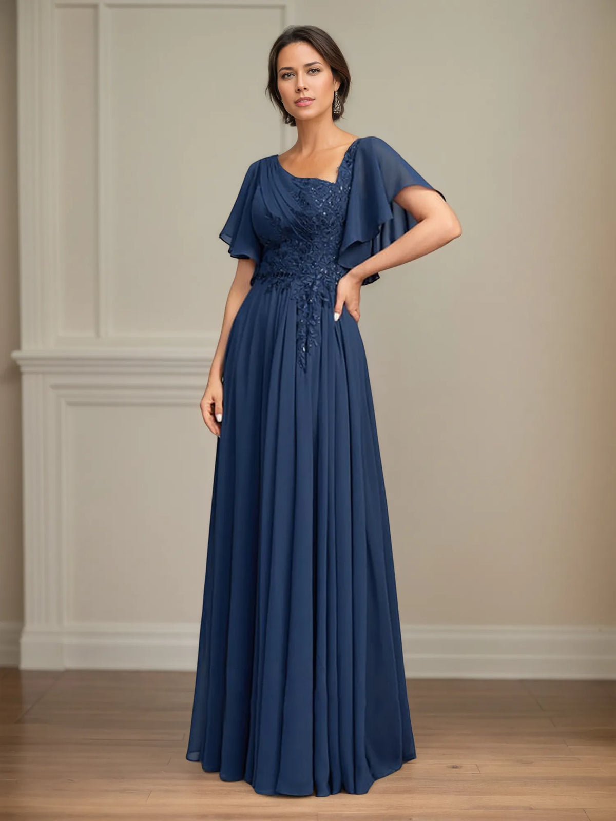 A-Line Asymmetrical Floor-Length Lace Chiffon Mother of the Bride Dress With Pleated Sequins - FashionDia
