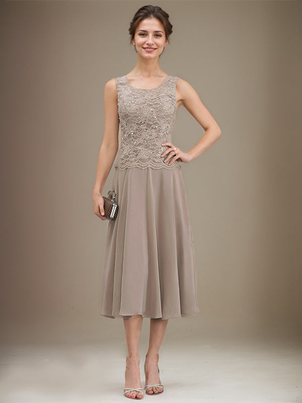 A-line Scoop Tea-Length Lace Chiffon Mother of the Bride Dress With Sequins