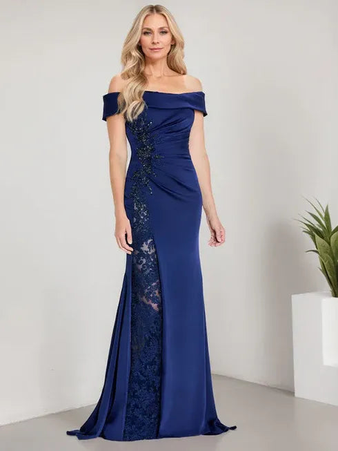 A-Line Off-the-Shoulder Floor-Length Mother of the Bride Dress Applique Beadings Mermaid Dress With High Split - FashionDia